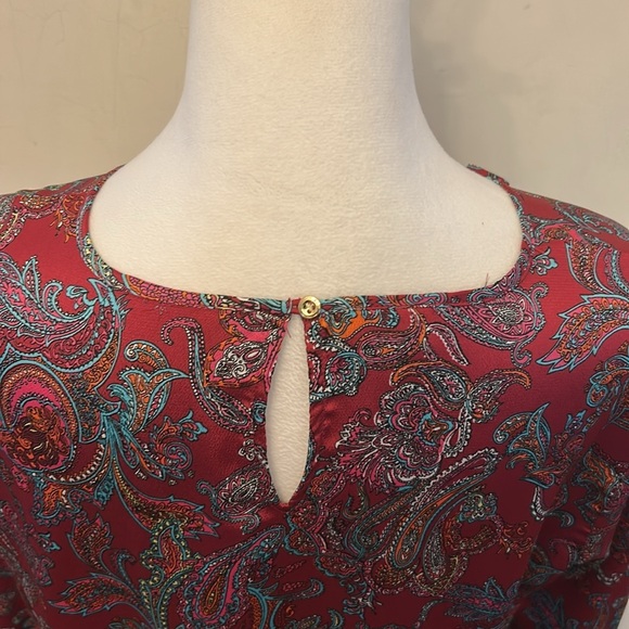 Talbots burgundy paisley ruffle long sleeve blouse Size MP EUC - Picture 7 of 10